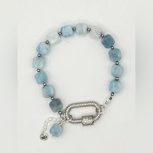 Natural Aquamarine Stone Bracelet with Silver Tone Pavé Clasp